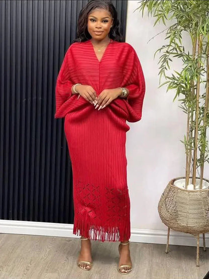 EGRM Autumn  New Miyake Pleated Dress High Elastic Fashion V-neck Bat Sleeve Tassel Slim Fit Women's Party Dresses 6G5809