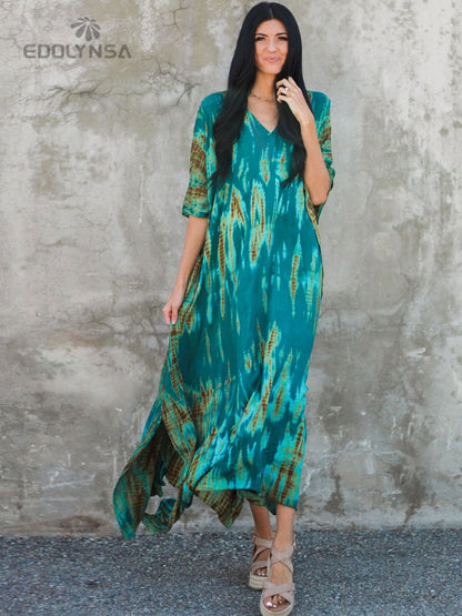 Bohemian Printed V-neck Batwing Sleeve Side Split Loose Dress For Women Clothes Plus Size Beachwear Maxi Dresses Q1218