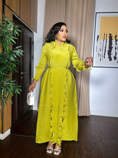 EGRM Miyake Pleated Maxi Long Dress Solid Ruffles Full Sleeve with Belt Formal Dresses for Women  Summer New Hot Sales 8R295