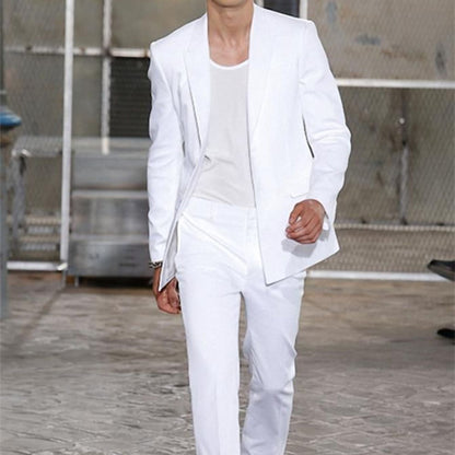 Summer Long Jacket White Trousers Groom Tuxedos Wedding Suits for Men Peaked Lapel Man Blazers 2 Pieces Coat Pants Prom
