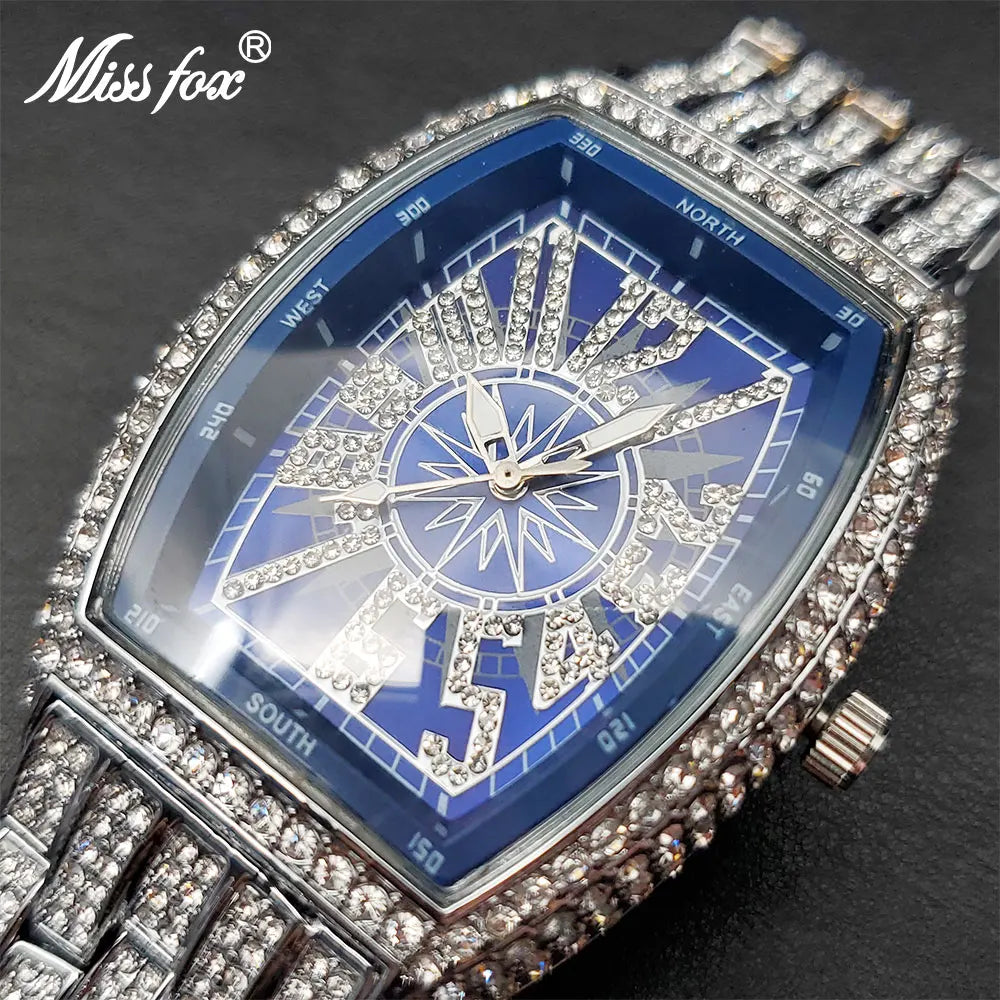 Iced Out Watch For Men Big Wrist Full Diamond Quartz Watches Men's 55mm Blue Face Hip Hop Accessories Waterproof Reloj Hombre