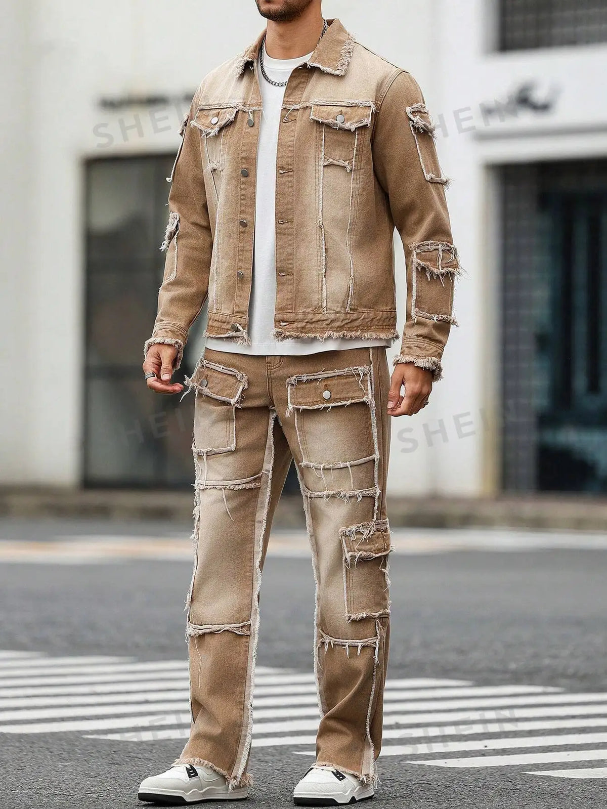 Men's Distressed Patchwork Denim Set - Khaki Washed Frayed Jacket & Wide Leg Jeans Streetwear