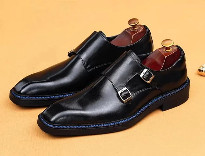 Hochwertige Herrenschuhe aus Rindsleder, eckige Zehenpartie, Doppel-Monk-Strap, Herren-Businessschuhe zum Hineinschlüpfen