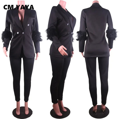 CM.YAYA Vintage Women Fur Hem Long Sleeve Blazer Suit and Pants  Chic OL Fashion Two 2 Piece Set Outfits Basic Tracksuit