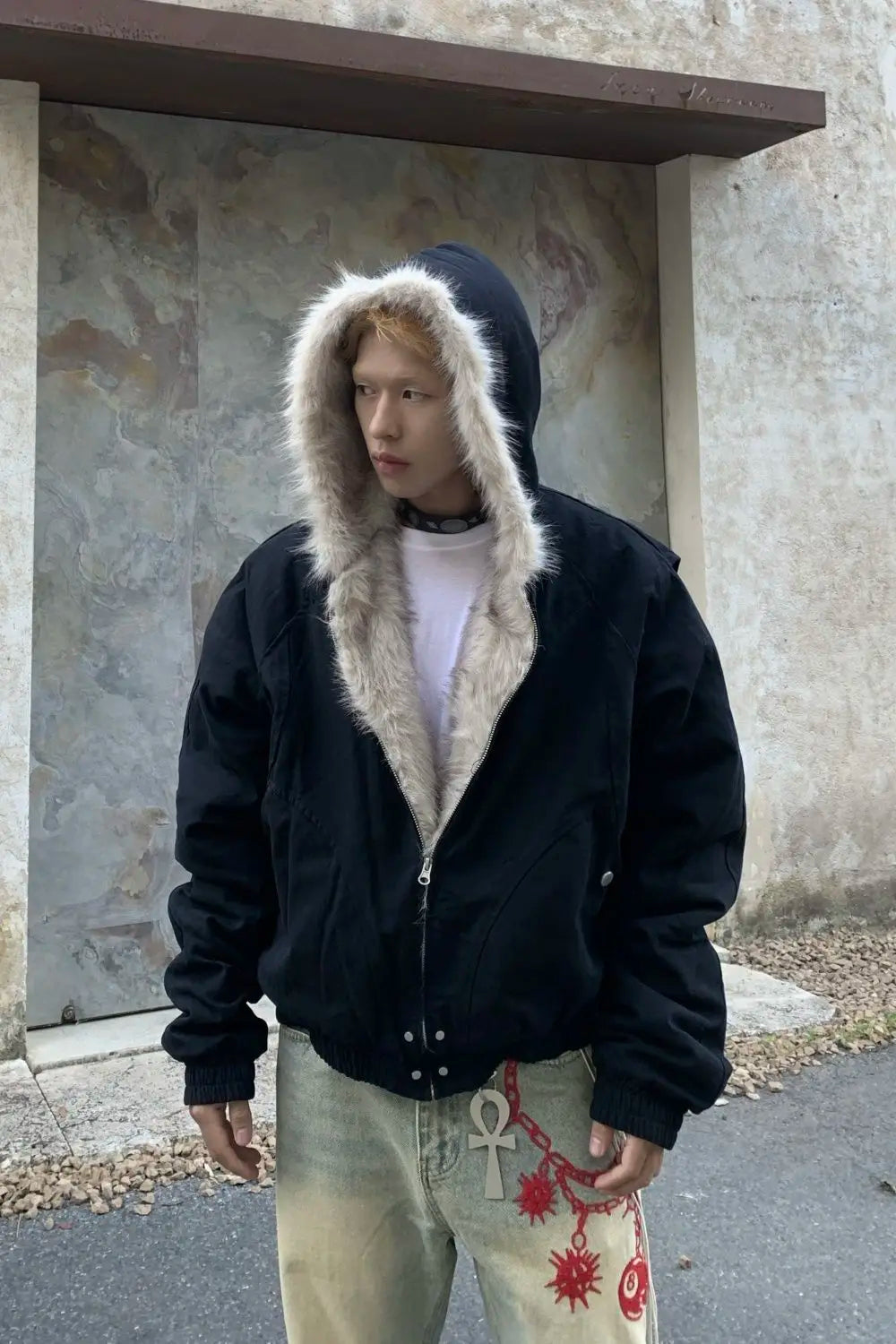 American Retro Woolen Collar Hooded Cotton Jacket Winter Thick Plush Top Men Street Hip-Hop Gothic Harajuku Oversize Jacket Coat