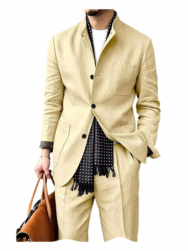 Men's 2 Piece Suit Linen Blend Stand Collar Single Breasted 3 Button Slim Fit Business Casual Vacation Wedding Breathable Outfit