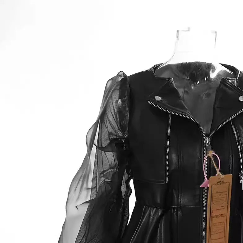 Fashionable and domineering women'sperspective patchwork mesh leather jacket motorcycle rock zipper jacket premium Women's tops