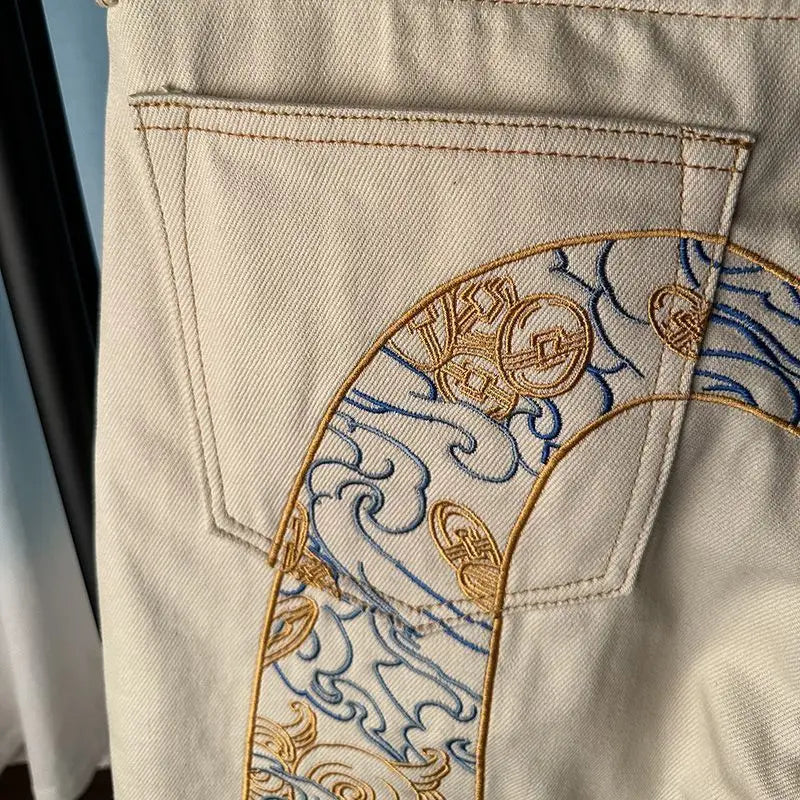 Male Cowboy Pants Beige Embroidery Jeans for Men Straight Trousers Plus Size New in Original Trend 2023 Korean Fashion Regular