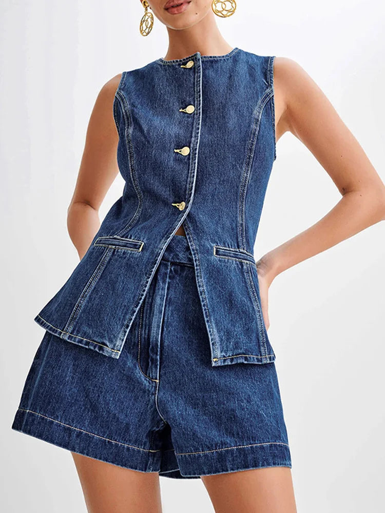EOTVOTEE Streetwear Slim Sleeveless Denim Top for Women Fashion Casual High Waist Denim Shorts 2025 New Spring Summer Short Sets