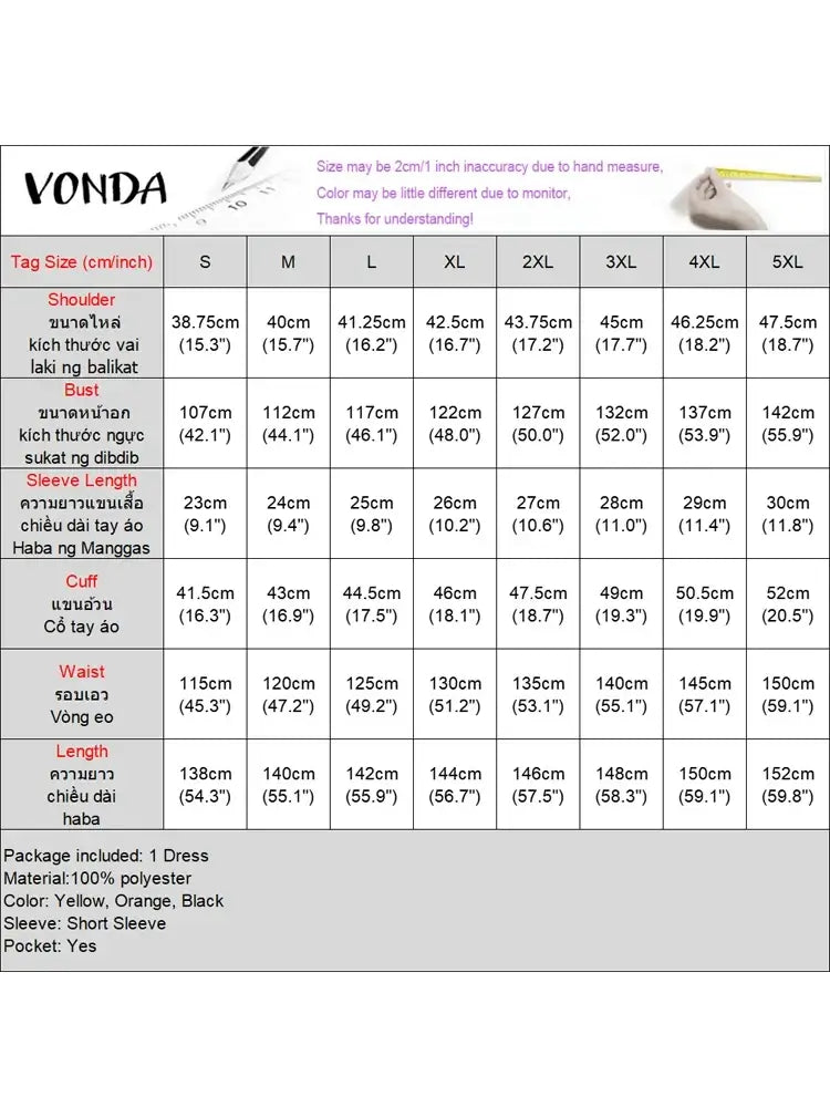 Plus Size VONDA Women Bohemian Dress 2025 Summer Sundress Solid Color Casual Short Sleeve Party Ruffled Vestidos V-Neck Robe