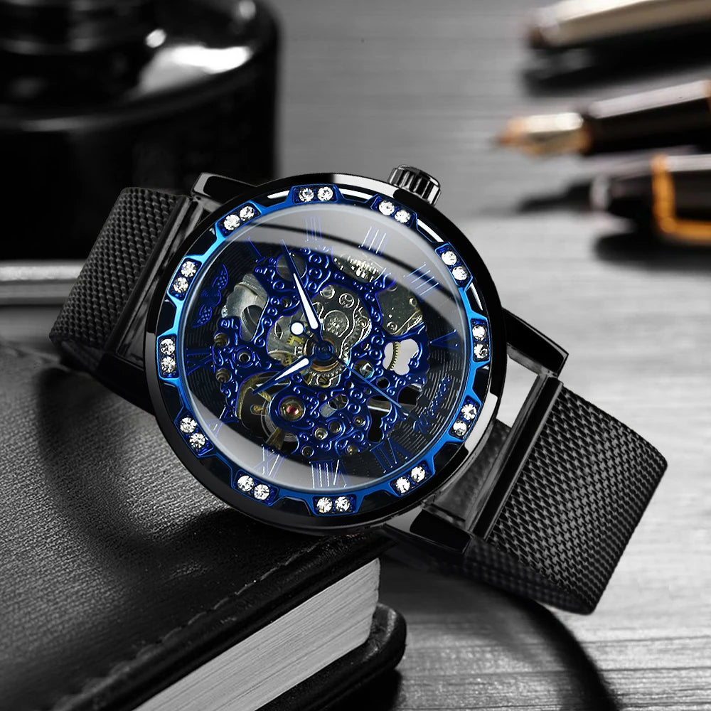 WINNER Classic Retro Mechanical Watches Luxury Iced Out Blue Skeleton Watch for Men Luminous Hands Mesh Stainless Steel Strap