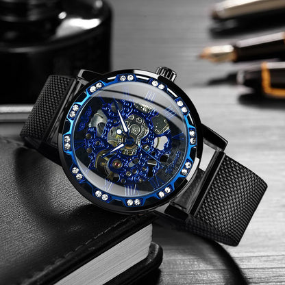 WINNER Classic Retro Mechanical Watches Luxury Iced Out Blue Skeleton Watch for Men Luminous Hands Mesh Stainless Steel Strap