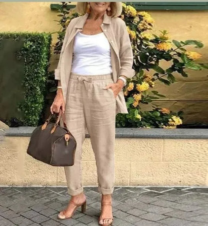 Autumn Spring Casual Suit Women Cotton Linen 2 Piece Set Solid Color Loose Button Shirt + Pants Sets Daily Women's Clothing