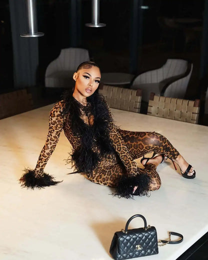 CM.YAYA Fashion Mesh See Though Women's Set Feather Side Long Sleeve Crop Top and Legging Pants  Sexy Two 2Piece Sets Outfit