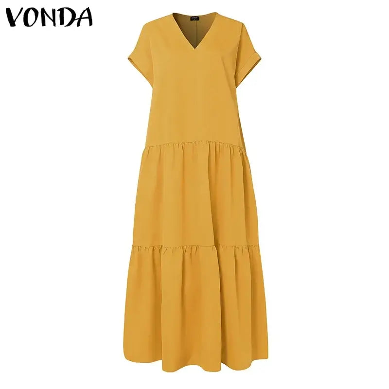 Plus Size VONDA Women Bohemian Dress 2025 Summer Sundress Solid Color Casual Short Sleeve Party Ruffled Vestidos V-Neck Robe