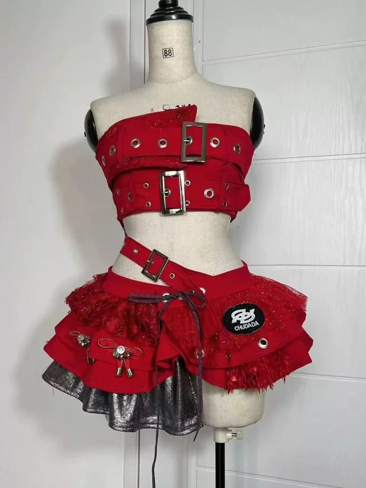 Summer Vintage Elegant Y2K Woman 2 Piece Sets Punk Gothic Strapless Crop Tops +High Waist Ruffle Skirt Female Party Outfits