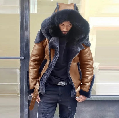 New Men's Leather Coat Winter Large Size Jacket with Fur Collar and Long Sleeve Wool Lining Casual Men's Jacket