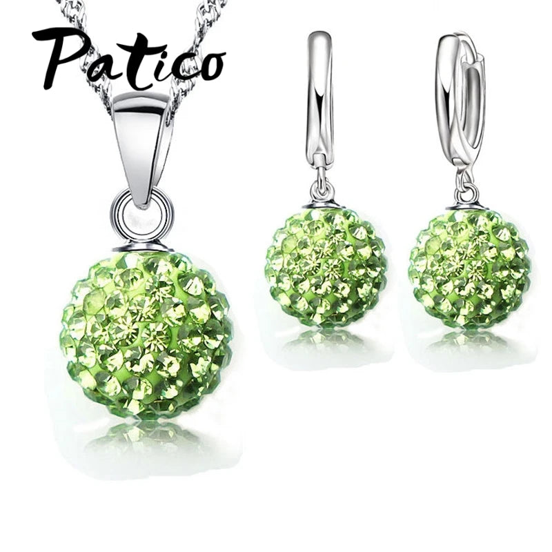Hot New Jewelry Sets 925 Sterling Silver Austrian Crystal Pave Disco Ball Lever Back Earring Pendant Necklace Woman