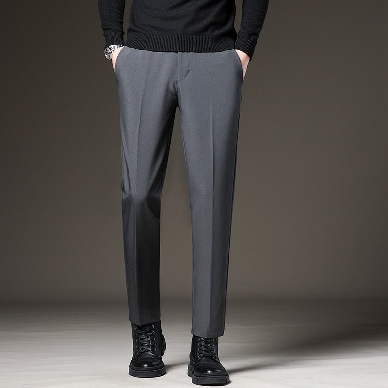 Spring Summer Mens Suit Pants Slim Business Office Elastic Waist Black Grey Classic Korean Trousers Male Plus Size 27-38 40 42