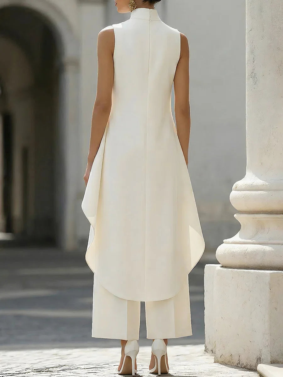 Sleeveless High Neck Jumpsuit With Asymmetric Draped Overlay Wide Leg Culottes Elegant Formal Evening Wear For Women