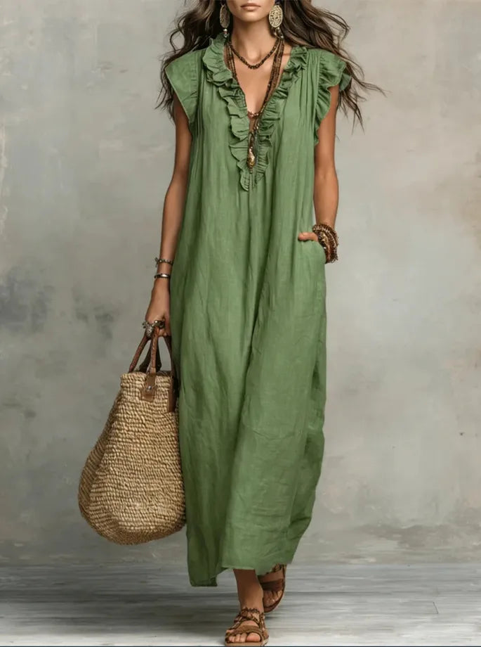 Women's Retro Bohemian Ruffle Linen Maxi Dress, Ruffle V-Neck Sleeveless Loose Summer Dress with Pockets, Summer Casual High-Waist Loose Beach Maxi Dress, Sunny Dress with Flutter Sleeves and Floor-Length Skirt