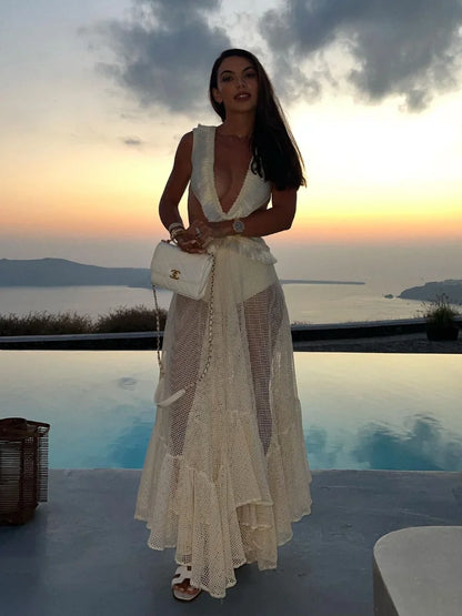 Sexy Printed Tassels Patchwork Long Dress Women Fashion Deep V Neck Sleevelss See Through Dresses  Vacation Beach Party Robe