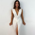 GACVGA  Summer Fashion Ruched Long Dress Sexy Backless V Neck Hight Slit Women Bodycon Party Maxi Dress