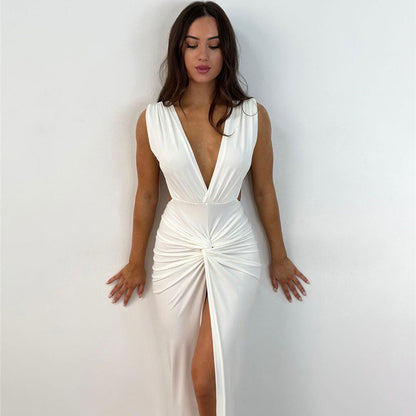 GACVGA  Summer Fashion Ruched Long Dress Sexy Backless V Neck Hight Slit Women Bodycon Party Maxi Dress