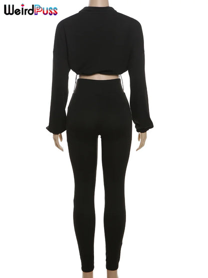Weird Puss  Autumn Women 2 Piece Set Casual Tracksuit Zipper Thin Drawstring Jacket+Leggings Matching Streetwear Sporty Suit