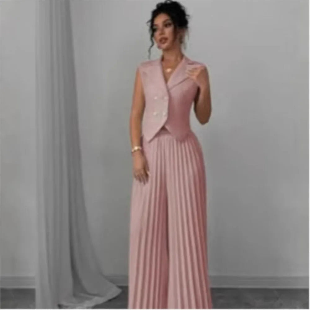 Summer Women's Fashionable Casual Lapel Suit Elegant Commuting Solid Color Sleeveless Top + Trousers Sexy Two-piece Set