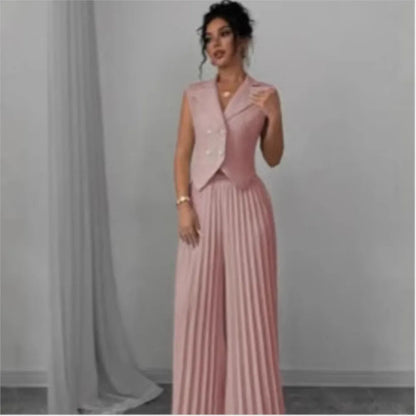 Summer Women's Fashionable Casual Lapel Suit Elegant Commuting Solid Color Sleeveless Top + Trousers Sexy Two-piece Set