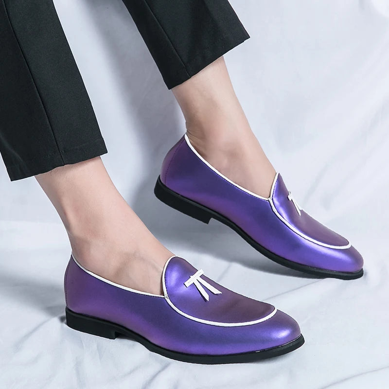 HKDQ Fashion Purple Men's Dress Shoes Trendy Slip-on Social Elegant Evening Shoes Man Lightweight Leather Loafers Shoes For Men