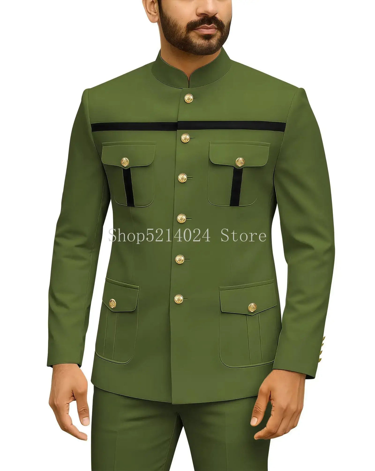 Herren Safari-Anzug 2-teilig Regular Fit Chinakragen Goldknopf Blazer Hose Set Afrikanische Outfits