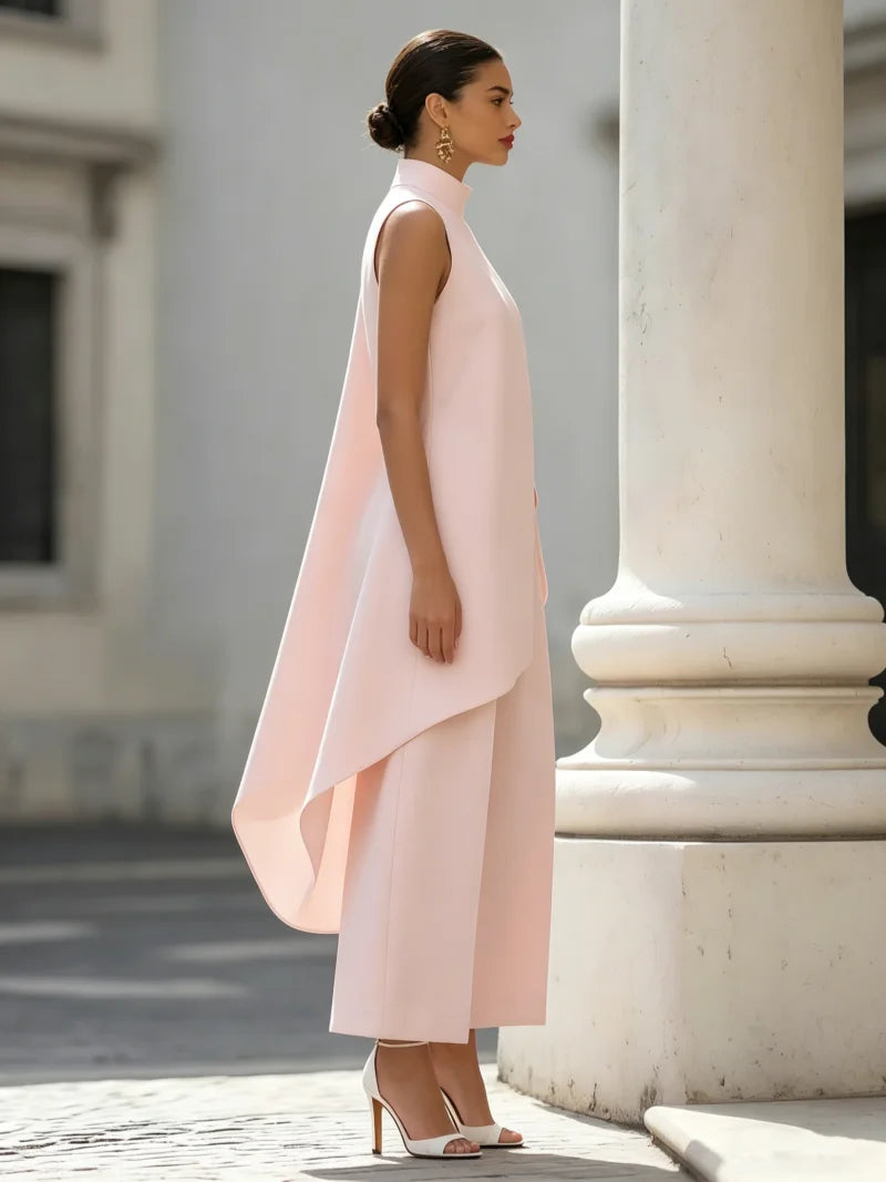 Sleeveless High Neck Asymmetrical Layered Wide Leg Jumpsuit for Women Elegant Formal Evening Wear