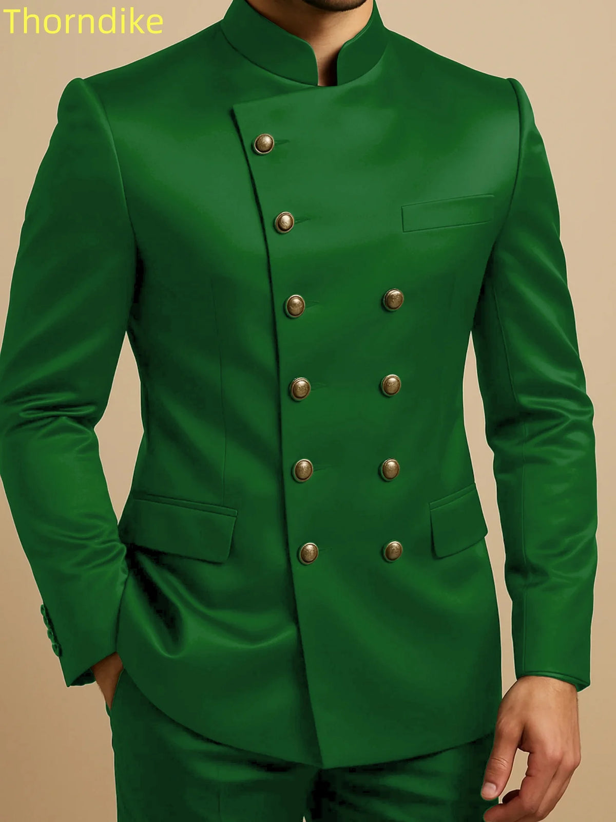 Thorndike Affrica Style Casual Stand Collar Satin Double Breasted Jacket Pants Business Men Suit Elegant Groom Wedding Suits