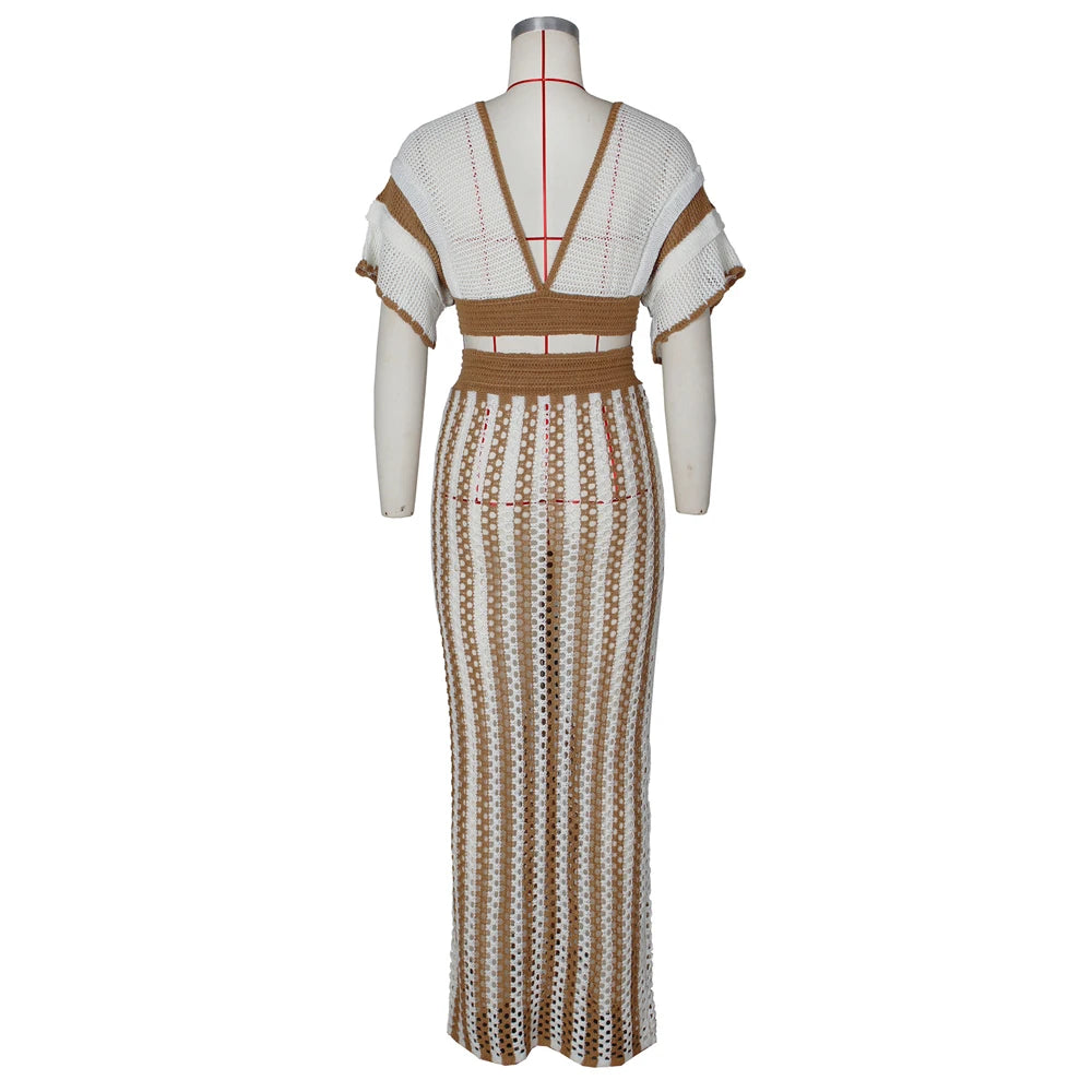 Summer 2 Pieces Women Sets Streetwear Beach Elegant Knitted Sexy V-Neck Hollow Striped Short Sleeve Top Two Piece Maxi Skirt Set