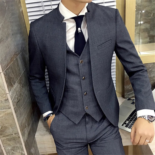 Mens Suit Vest 3 Pieces Business Stand Collar Grey Formal Black Men Suit Pants High Quality