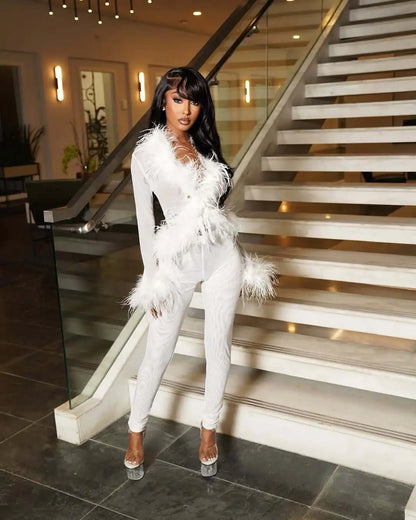 CM.YAYA Fashion Mesh See Though Women's Set Feather Side Long Sleeve Crop Top and Legging Pants  Sexy Two 2Piece Sets Outfit