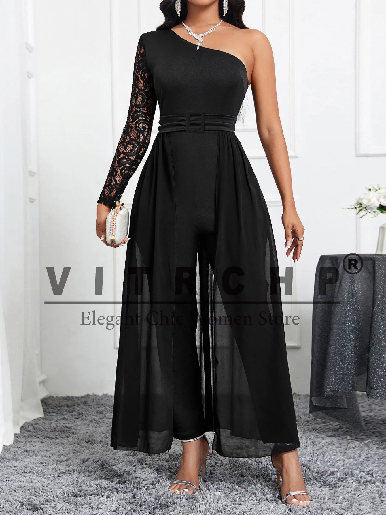 VITRCHP 2024 Summer Women's Sexy Round Neck Mesh Sleeveless Jumpsuit with Belt New Fashion Rompers Womens Jumpsuit