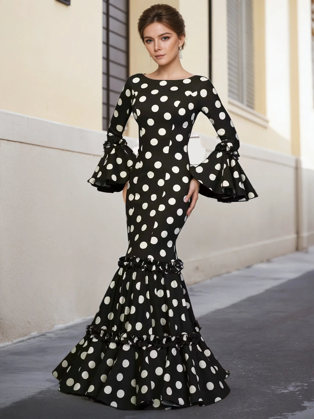 Elegant Party Long Dress Women Polka Dot Printed Ruffle Hem Sundress 2025 Bohemian Casual O-neck Flare Sleeve Slim Maxi Robe