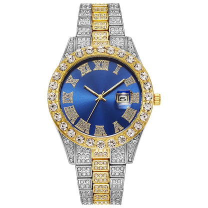 Luxury Hip Hop Stainless Steel Gold Color Calendar Watch For Men Iced Out Paved Rhinestones Men Watch Reloj Hombre