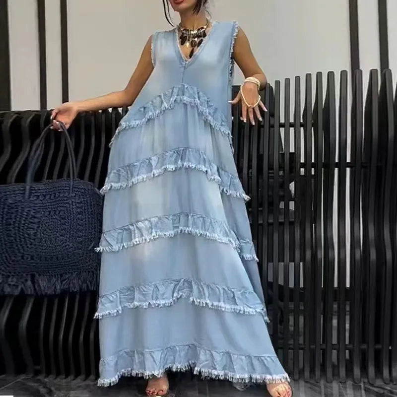 Women Elegant Milled Edge Patchwork Party Dress Sexy Sleeveless V-neck Loose Denim Dress Fashion Pleat Solid Cowboy Long Dresses