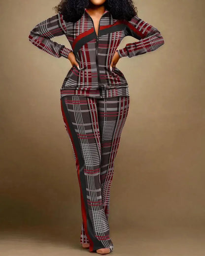 Spring Autumn Two Piece Sets Women Geometric Print Zip Up Top Coat Pants Set Outifits Fashion Tracksuit Casual Elegant Suit