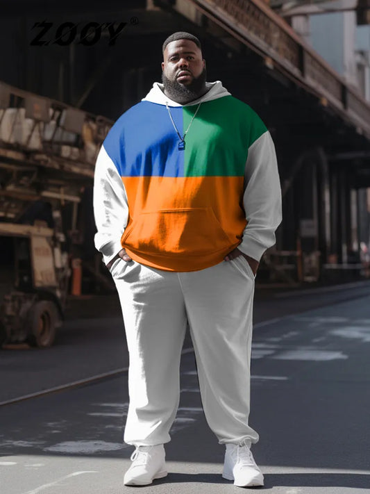 ZOOY (L-9XL) Men's Plus Size Personality Casual Gentleman Color Block Striped Color-Block Hoodie Sweatpants Set