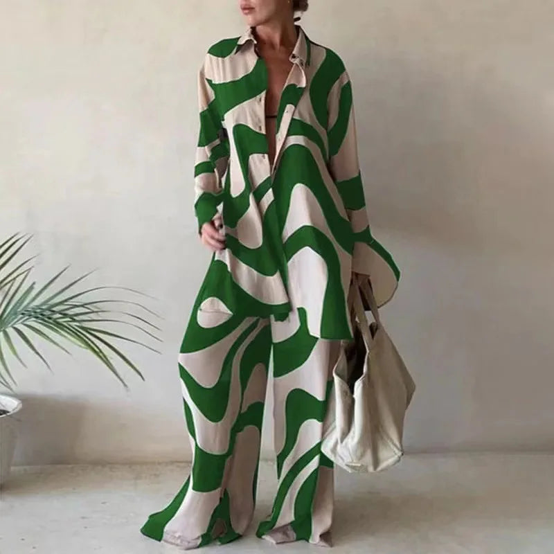 Autumn New Women's Suit Fashionable Printed Casual Long-sleeved Shirt  Loose Trousers And Floor-length Trousers Two-piece Set