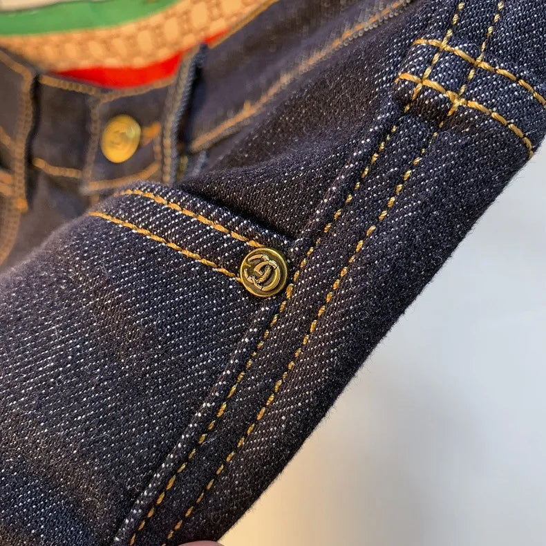 High end light luxury men jeans autumn new item dark blue fashion printed casual straight slim fit cotton washed denim pants