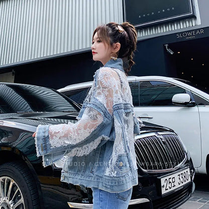Mesh Embroidery Hole Denim Jacket  Summer Lace Stitching Girlish Top