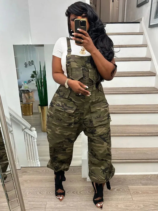 Military Camouflage Print Baggy Cargo Jumpsuit for Women 2023 Casual Spaghetti Strap Sleeveless Multi-pockets Loose Fit Bodysuit