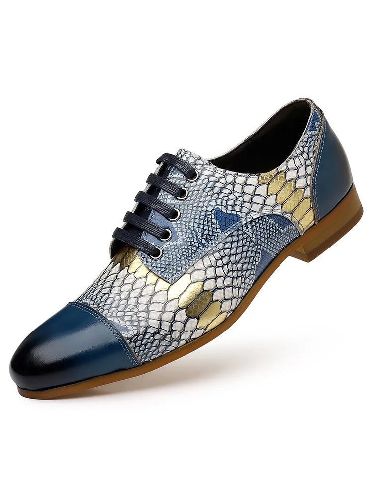 Luxury Brand Genuine Leather Men's Formal Shoes Fashion Snake Pattern Design Lace Up Men Business Dress Groom Wedding Shoes