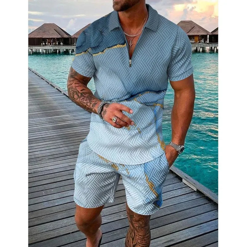 Sommer Neuer Trend Herren-Trainingsanzug Freizeit-Reißverschlusskragen 3D-Druck Poloshirt-Anzug 2-teiliges Set Bunte Streetwear Kleidung Übergröße